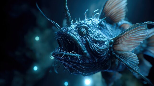 Deep sea anglerfish, bioluminescent, ocean, close-up, dark background, science fiction