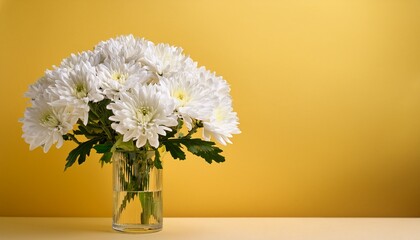Fototapeta premium elegant bouquet of white chrysanthemums in a clear glass vase on a soft yellow background