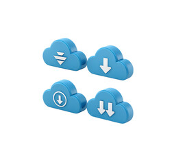 Minimalist 3D Blue Cloud Icons Set with Download, Upload, Sync, and Delete Symbols – Modern Cloud Computing and Data Management Icons on White Background