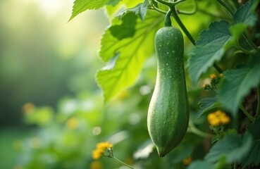 Green bitter melon hanging on vine in garden. Healthy vegetable features bumpy texture, vibrant green color, surrounded by leaves, small yellow flowers. Perfect for content about organic farming,