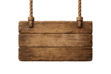 Rustic Wooden Signboard Suspended by Thick Rope with Knots, Offering a Textured Surface for Text or Design