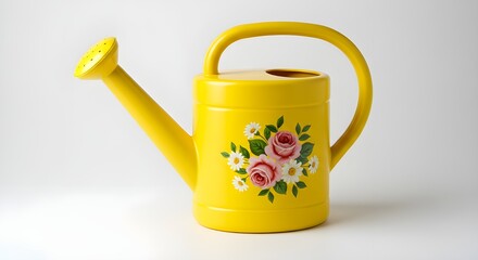 Yellow watering can with floral design on white background
