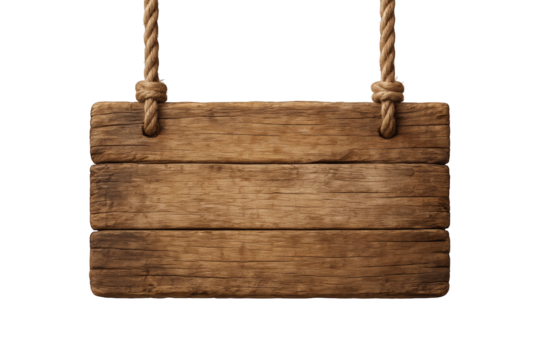 Rustic Wooden Signboard Suspended by Thick Rope with Knots, Offering a Textured Surface for Text or Design