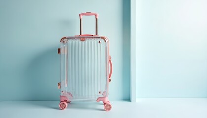 Elegant transparent travel luggage with rose gold accents on minimalist background. Modern design combines chic style with practical organization for sophisticated journeys and vacation trips.