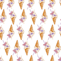 Seamless pattern of ice cream cones in waffle cups. Hand-painted watercolor style. Perfect for summer textiles, gift wrap, stationery, and digital designs