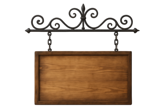 Rustic Wooden Sign with Ornate Wrought Iron Bracket Hanging Display for Business or Information