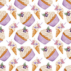 Seamless pattern of cupcakes and ice cream cones. Hand-painted watercolor style. Ideal for bakery packaging, party decor, wrapping paper, and scrapbooking.