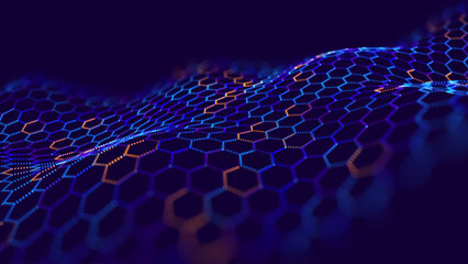 Abstract Digital Hexagons Pattern Business or Science Research Background. Graphene Technology Science 3D Background. Nanotechnology Honeycomb Lattice Nanostructure. Vector Illustration.