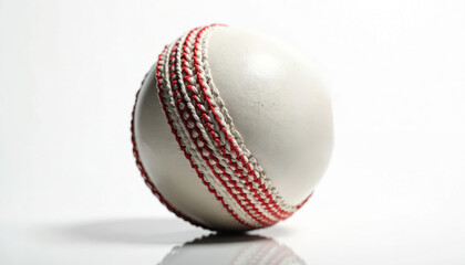 White leather cricket ball with distinctive red stitching shown in close-up against clean white background. Ball sports equipment essential for games like cricket, baseball, featuring traditional