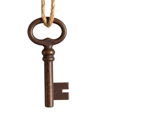 Old Iron Key Hanging from Twine, Rustic Style, Isolated Transparent Background PNG - Powered by Adobe