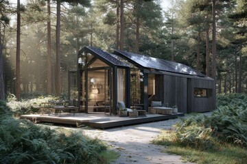 Modern house with glass walls solar panels in forest