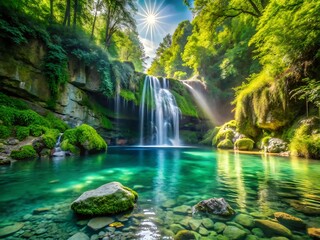Fototapeta premium A breathtaking view of a waterfall cascading into a clear pool surrounded by lush green forest and sunlight