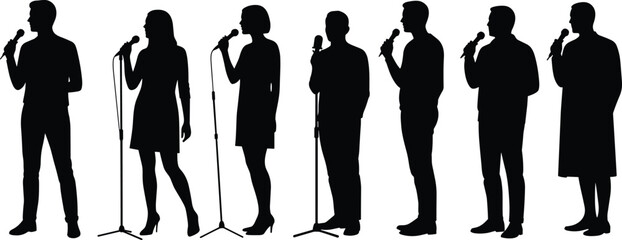 Silhouettes of six diverse people singing with microphones, group performance, choir or competition concept, isolated on white background, teamwork unity