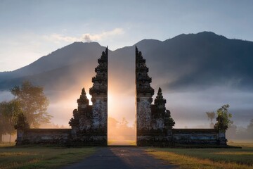 Ornate stone gate basks in golden light against misty mountains