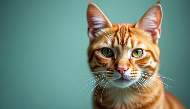 Close-up portrait of ginger cat with intense, tranquil gaze. Feline beauty embodies peace, gentle charm against seamless backdrop. Detailed, vibrant fur, captivating green eyes convey cozy, - Powered by Adobe