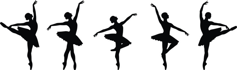 Silhouettes of ballerinas dancing in different ballet poses, elegant dancers, ballet tutu skirts, graceful female dancers, black vector illustration, performing arts, dance movement collection