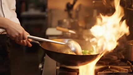Closeup of a chef stir-frying colorful vegetables in a wok in a professional kitchen, showcasing the cooking process with flame, 4k restaurant promotion video
