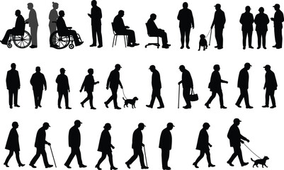 Silhouettes of elderly people and people with disabilities, walking with canes, wheelchair users with assistants, dog walkers, diverse age group, support and mobility, black vector shapes