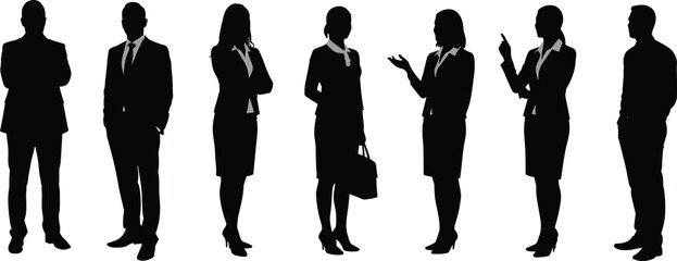 Silhouettes of business people in formal attire, professional men and women with ties and collars, corporate team, office workers, confident posture, black vector shapes