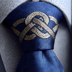 macro knot of a blue tie with a diplomatic line, gold pattern