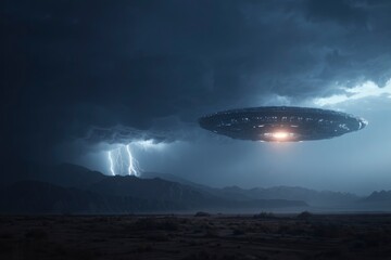 UFO hovers over a dark landscape lit by its own light and lightning flashes behind distant mountains
