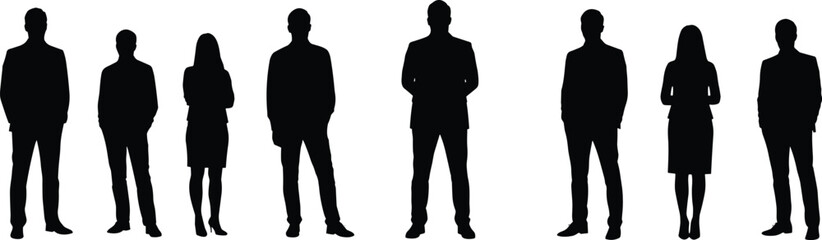 Silhouettes of business people standing, professional men and women, formal posture, corporate team, office workers, business group, black vector shapes, confident professionals