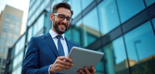 Smiling businessman in suit, glasses, uses tablet outside modern office building. Digital concept connects people with technology for seamless process automation and paperless operations.