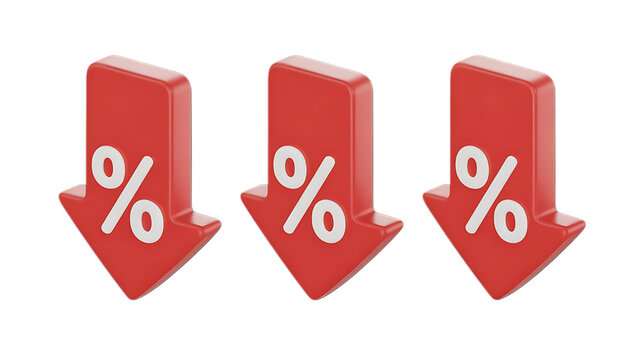 Three red 3D arrows with a percentage symbol pointing down on a black background. This graphic represents a decrease in price, sales, or an interest rate drop. 
