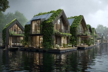 Obraz premium Stunning modern eco-friendly floating homes with lush vertical gardens and solar panels offer a peaceful waterfront lifestyle