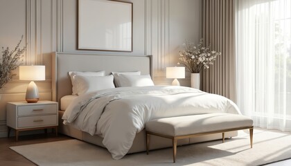 Elegant bedroom interior design white bedding, neutral decor, natural light creating calm, serene atmosphere. Minimalist, modern style features plush bed, elegant headboard, soft pillows, stylish