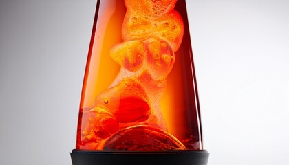 glowing orange lava lamp with floating wax on white background