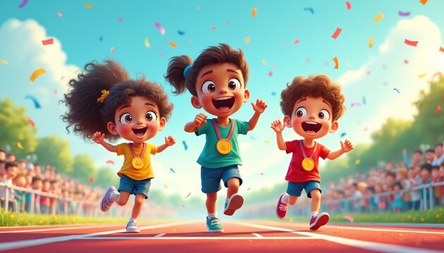 Three joyful cartoon children wear medals running race on track. Confetti falls around them as they cheer and run towards finish line. Crowd watches from bleachers at fun school sports day.