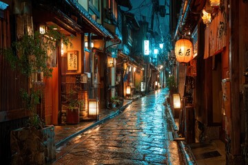 Wet narrow Asian street at night lanterns illuminate aged buildings lining the cobblestone path creating warm glows against the dark rainy scene