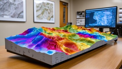 Colorful 3d printed topographic terrain model sitting on desk