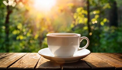 Obraz premium morning coffee break tea cup relax beverage drink wooden table nature sunlight freshness