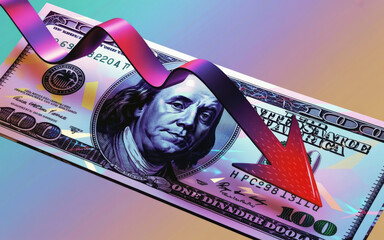 Dramatic Representation of Financial Decline with 100 Dollar Bill and Descending Graph in Vibrant Colors