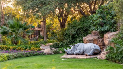 Resting rhinoceros on rocky surface amid lush vegetation in a serene natural setting during sunset