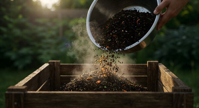 Person adding compost to a wooden bin outdoors, sunlight creating a warm glow. - Powered by Adobe
