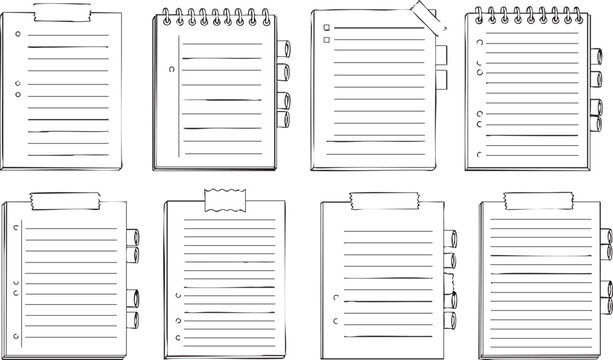Abstract line art composition of various notebook pages and forms