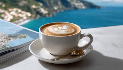 Cappuccino with latte art overlooking positano, amalfi coast, italy