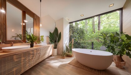 Fototapeta premium modern spa like bathroom with warm natural accents lush greenery a freestanding tub and a light filled space