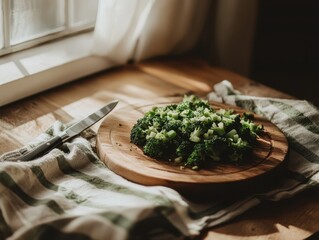 A broccoli laid on the wooden plate.