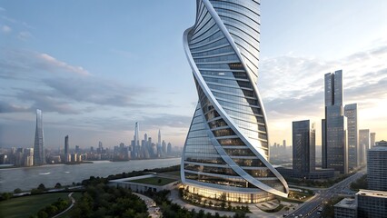Fototapeta premium Modern Cityscape View Featuring Innovative Architecture, High-Rise Buildings, Urban Design, and a Serene River in the Background.