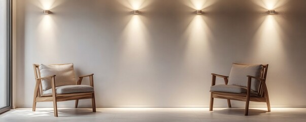 Modern interior design with light fixtures and armchairs.