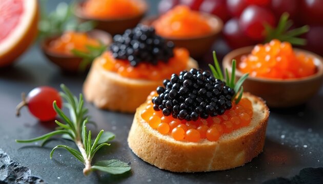 Tasty lumpfish caviar appetizer on toasted bread with red caviar, rosemary garnish. Black, orange roe served in wooden bowls with grapefruit, grapes on dark slate background. Gourmet seafood snack,