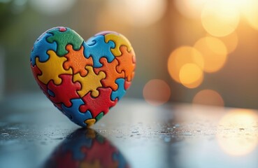 Colorful heart crafted from puzzle pieces symbolizes love, support, diversity, and inclusivity. This vibrant mosaic on a reflective surface features bright bokeh lights.