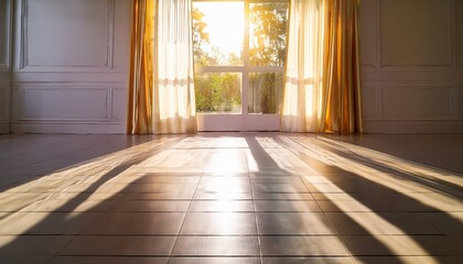 Fototapeta premium radiant morning sunlight casting golden reflections on shiny white tiled floor by large window with sheer curtains serene empty room interior design background clean minimalist