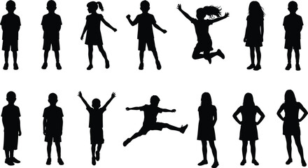 Silhouettes of children standing, walking, running, jumping, and posing, including boys and girls in various playful and active poses for vector illustrations