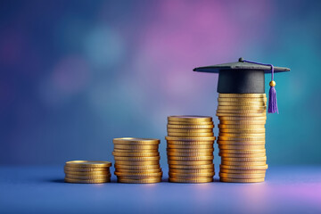 Rising Stacks of Coins with Graduation Cap Symbolizing Educational Investment and Future Financial Growth