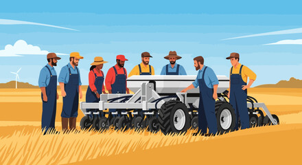 Obraz premium Collaborative farming team inspecting equipment in agricultural field scenery